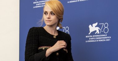 Kristen Stewart poses for photographers at the photocall for the film “Spencer” at the 78th Venice Film Festival in Venice, Italy, Sept. 3, 2021. (AP Photo)