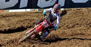 Italy’s Davide De Bortoli in action at the 2021 EMX Open World Motocross Championship MXGP of Afyon, Afyonkarahisar, western Turkey, Sept. 7, 2021. 