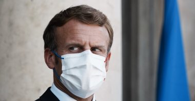 France's President Emmanuel Macron stands during the departure of Chile's President Sebastian Pinera, at the Elysee Palace, in Paris, Monday, Sept. 6, 2021. (AP Photo)
