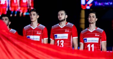 Members of the Turkey men's volleyball team before their match against the Netherlands, Tampere, Finland, Sept. 6, 2021.