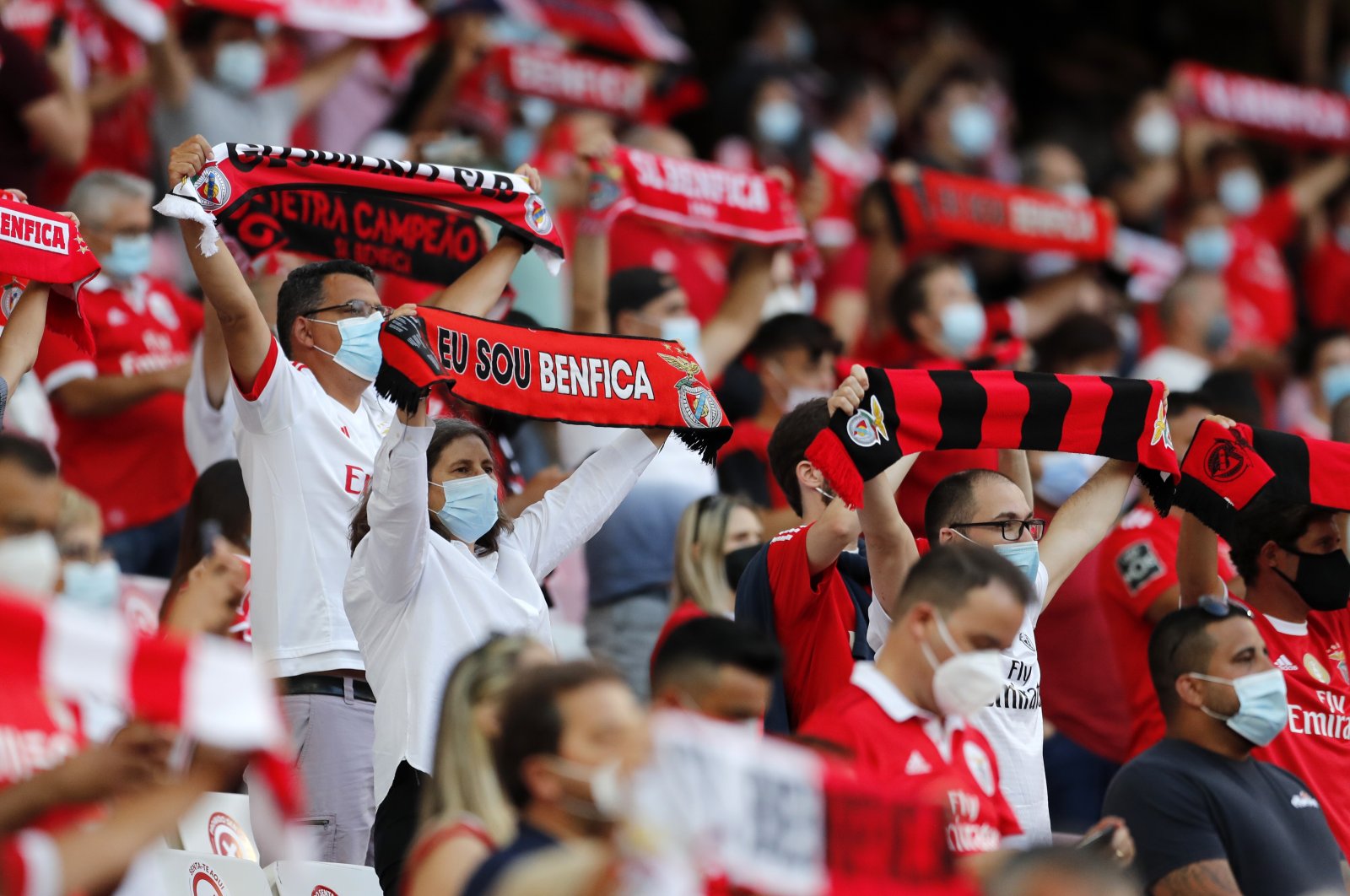 Benfica fans support their team during a Champions League qualifier against Spartak Moscow at the Luz stadium in Lisbon, Portugal, Aug. 10, 2021. (AP Photo)