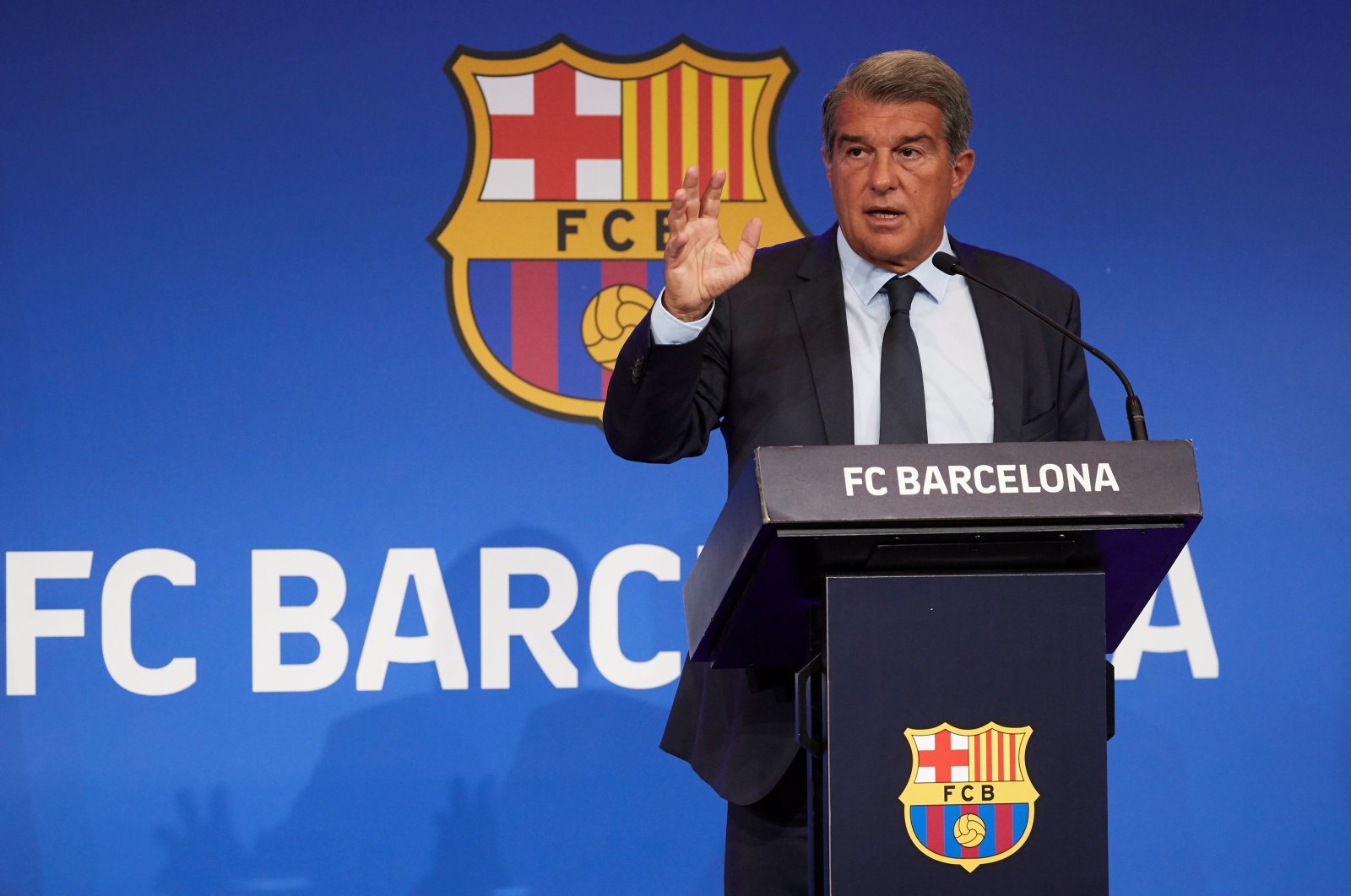 FC Barcelona President Joan Laporta addresses a press conference at Camp Nou, Barcelona, Spain, Aug. 16, 2021. (EPA Photo)
