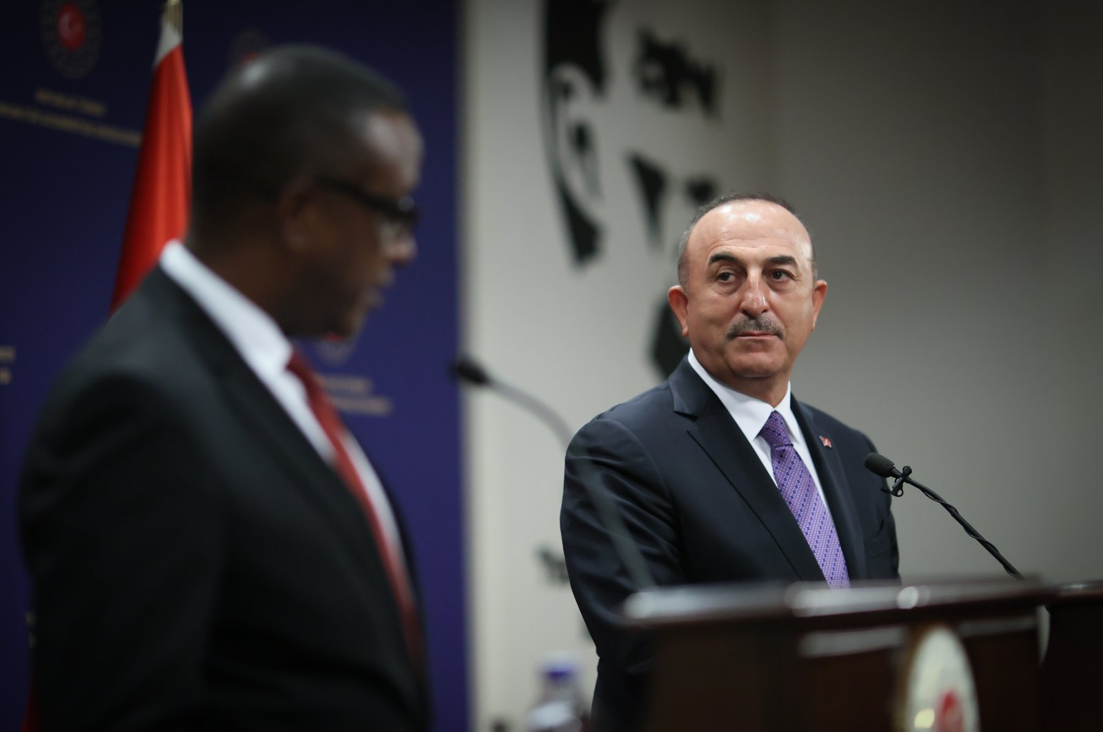 Foreign Minister Mevlüt Çavuşoğlu speaking at a joint press conference with his Rwandan counterpart Vincent Biruta in Ankara, Turkey, Sept. 7, 2021 (AA Photo)