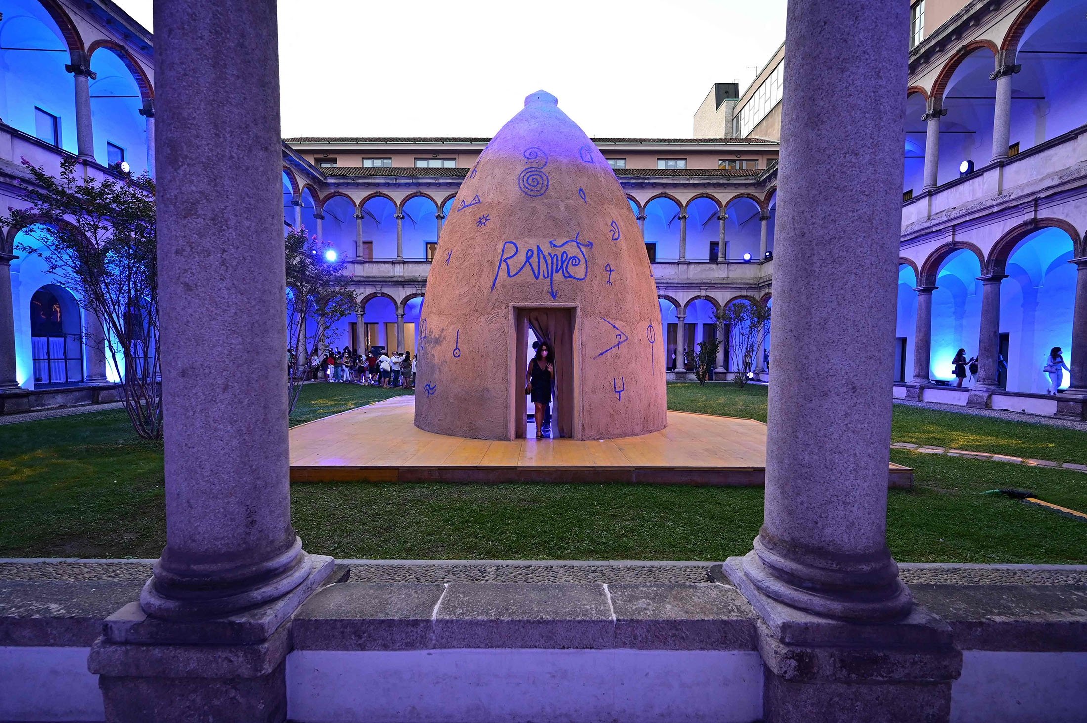 A work called 'Falso Autentico' by Italian artist Marco Nereo Rotelli at the University of Milan during the Fuorisalone 2021 design week, in Milan, Italy, Sept. 6, 2021. (AFP Photo)