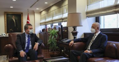 Deputy Foreign Minister Sedat Önal and his Egyptian counterpart, Ambassador Hamdi Sanad Loza, speak at the Turkish Foreign Ministry in Ankara, Turkey, Sept. 7, 2021. (AA Photo)