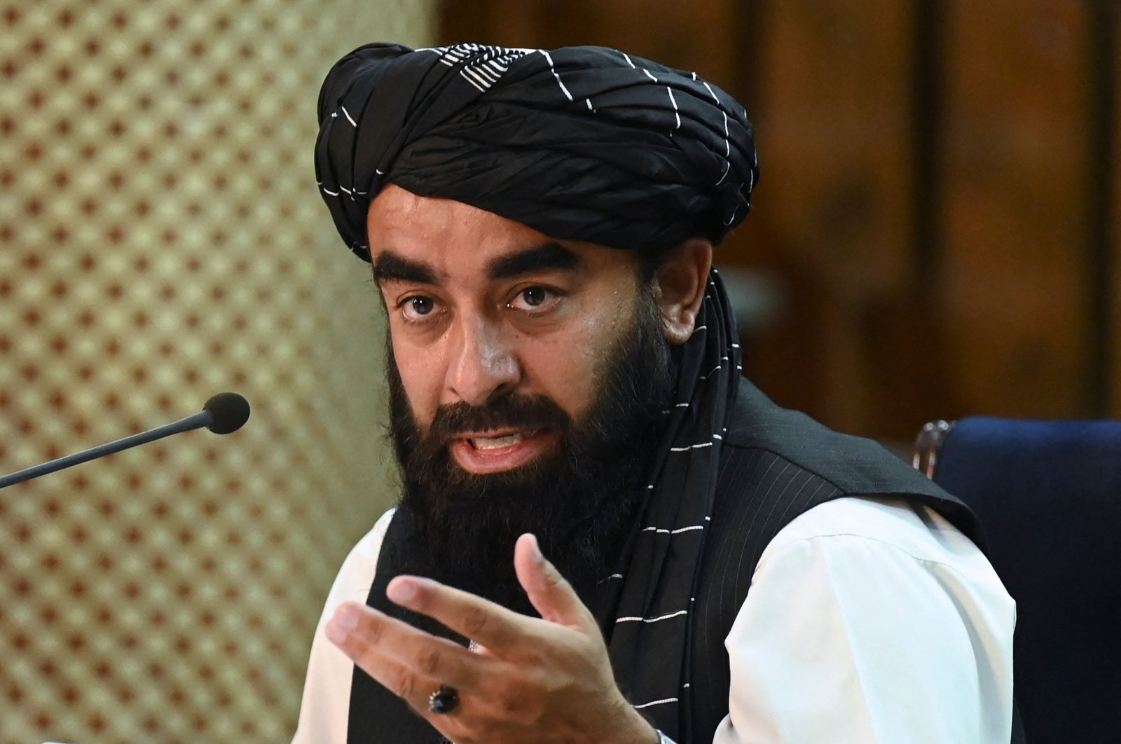 Taliban spokesperson Zabihullah Mujahid addresses a press conference in Kabul, Afghanistan, Sept. 7, 2021. (AFP Photo)