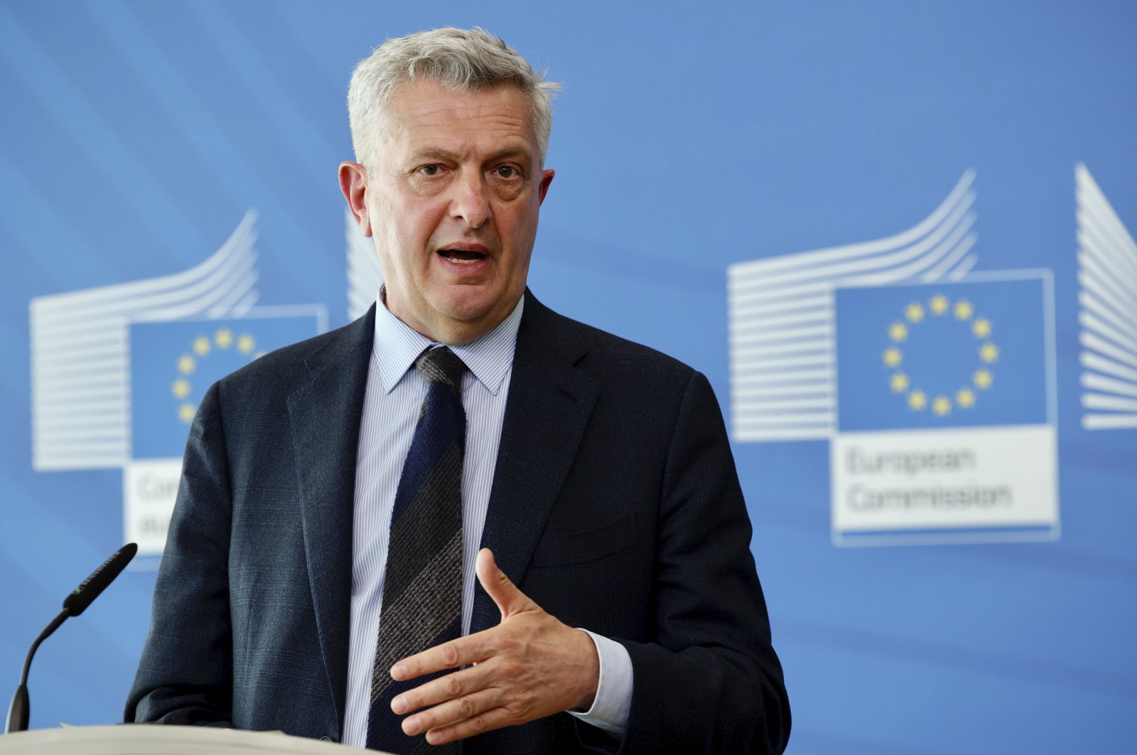 United Nations High Commissioner for Refugees Filippo Grandi speaks during a media conference at European Union headquarters in Brussels, Belgium, May 10, 2021. (Olivier Matthys, Pool via AP)
