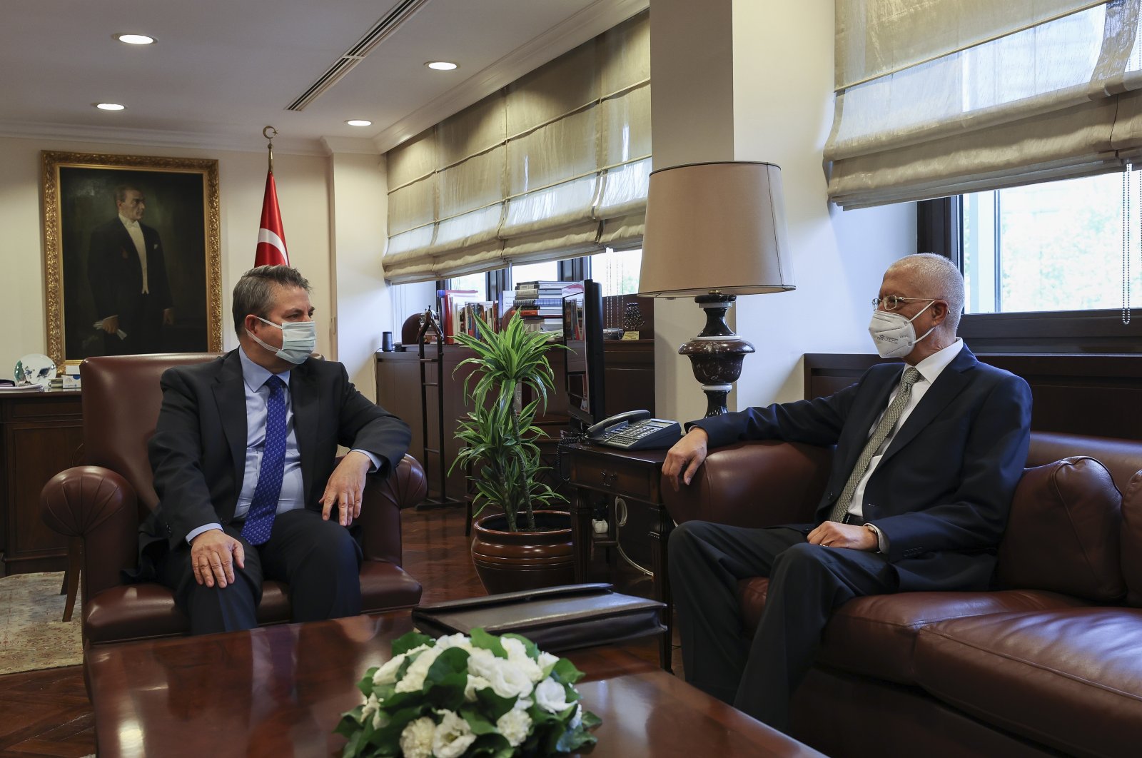 Deputy Foreign Minister Sedat Önal and his Egyptian counterpart, Ambassador Hamdi Sanad Loza, speak at the Turkish Foreign Ministry in Ankara, Turkey, Sept. 7, 2021. (AA Photo)