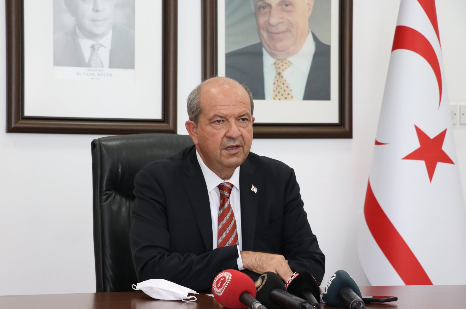 TRNC President Ersin Tatar speaks at a news conference in Ercan Airport, Lefkoşa, Turkish Republic of Northern Cyprus, Sept. 8, 2021. (AA Photo)