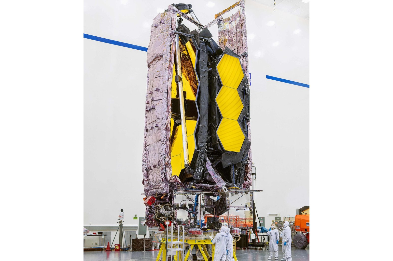 NASA’s James Webb Space Telescope is seen being prepared for shipment to its launch site at Northrop Grumman’s facilities in Redondo Beach, California, U.S., Sept. 8, 2021. (NASA via AFP)