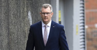 Democratic Unionist Party leader Jeffrey Donaldson leaves the party headquarters in east Belfast after voting took place to elect a new leader, Northern Ireland, U.K., May 14, 2021. (AP Photo)