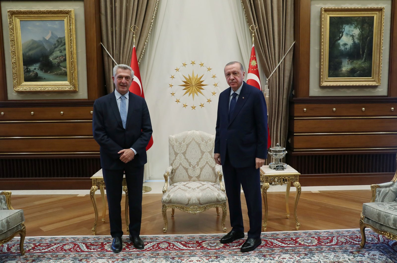 President Tayyip Erdoğan meets with United Nations High Commissioner for Refugees Filippo Grandi in Ankara, Turkey, Sept. 8, 2021. (Presidential Press Office Handout via Reuters)