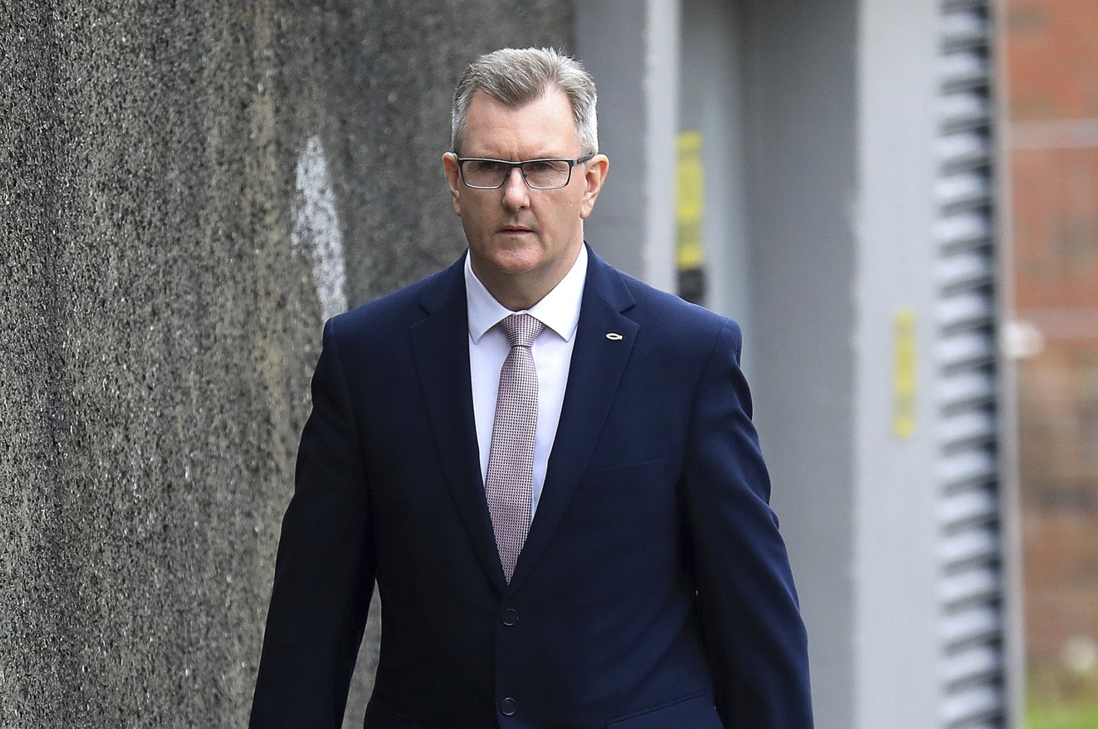 Democratic Unionist Party leader Jeffrey Donaldson leaves the party headquarters in east Belfast after voting took place to elect a new leader, Northern Ireland, U.K., May 14, 2021. (AP Photo)
