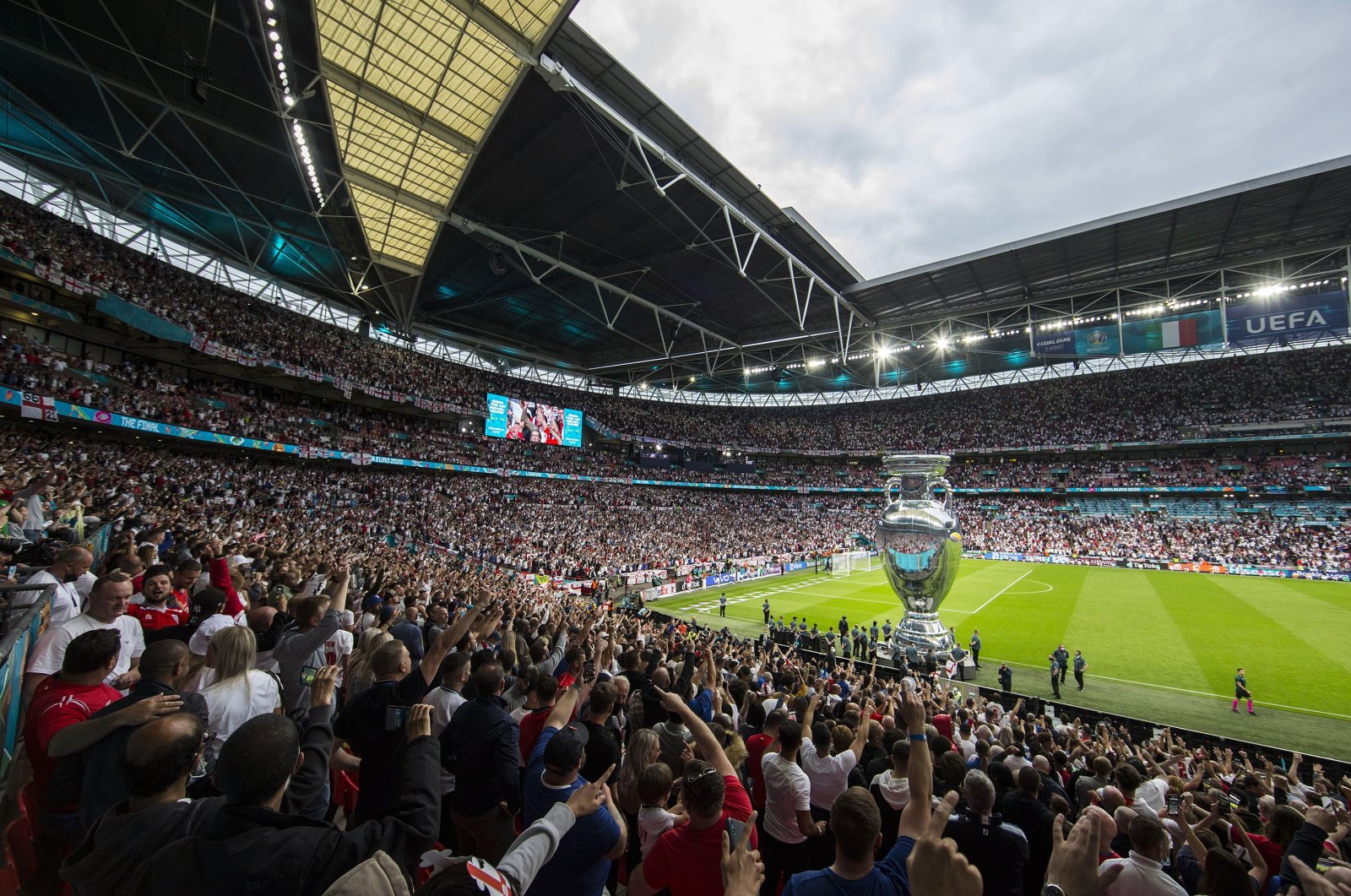 A large inflatable version of the trophy is seen on the pitch before the UEFA Euro 2020 final between Italy and England at Wembley Stadium in London, United Kingdom, July 11, 2021. (Getty Images)