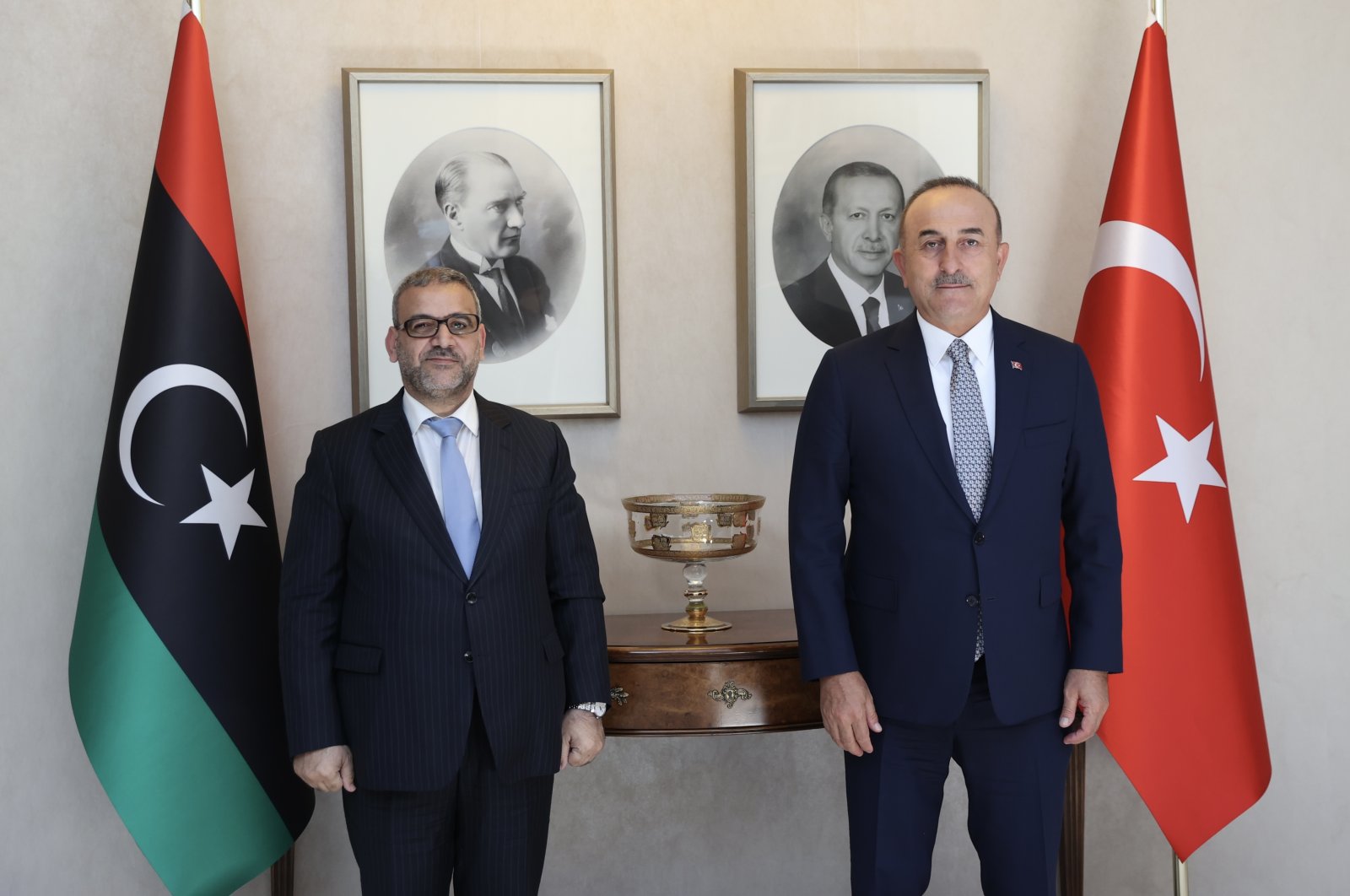 Foreign Minister Mevlüt Çavuşoğlu (R) and the head of the Libyan High Council of State Khalid al-Mishri meet in the capital Ankara, Turkey, Sept. 9, 2021. (AA Photo)