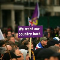 UKIP supporters join Gerard Batten and Tommy Robinson on the Brexit rally organized by U.K. Independence Party, London, U.K., Sept. 12, 2018. (Shutterstock Photo)