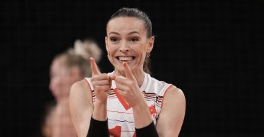 Turkey's Eda Erdem Dündar celebrates a point during a women's volleyball preliminary round match against the United States, at the 2020 Summer Olympics, Tokyo, Japan, July 29, 2021. (AP Photo)