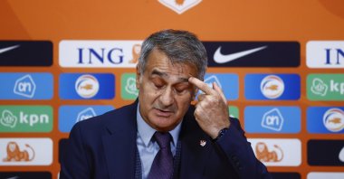 Şenol Güneş gestures at a post-match press conference, in Amsterdam, Netherlands, Sept. 8, 2021. (AA PHOTO) 