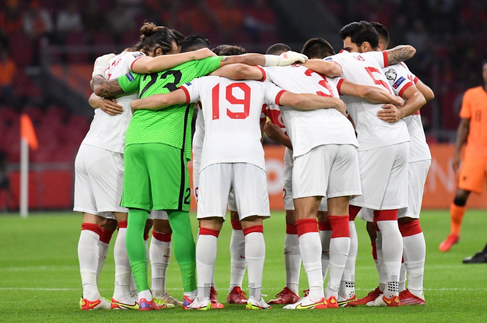 Turkish national team players huddle before the World Cup qualifier against the Netherlands, in Amsterdam, the Netherlands, Sept. 7, 2021. (Reuters Photo)