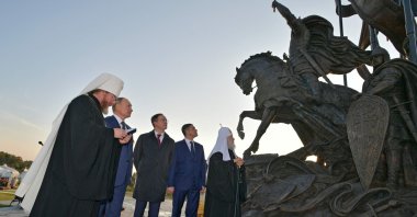 Russian President Vladimir Putin (2nd L) participates in a ceremony to unveil a huge monument of legendary Russian medieval prince Alexander Nevsky in the village of Samolva, outside Pskov, Sept. 11. 2021. (AFP Photo)