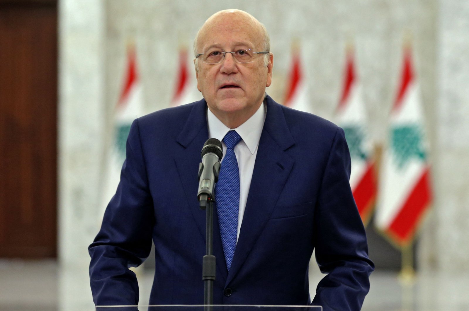 Prime Minister-designate Najib Mikati announcing the formation of a new Lebanese government after a meeting with the President at the presidential palace in Baabda, east of the capital, Beirut, Lebanon, Sept. 10, 2021. (Photo by Dalati and Nohra via AFP)