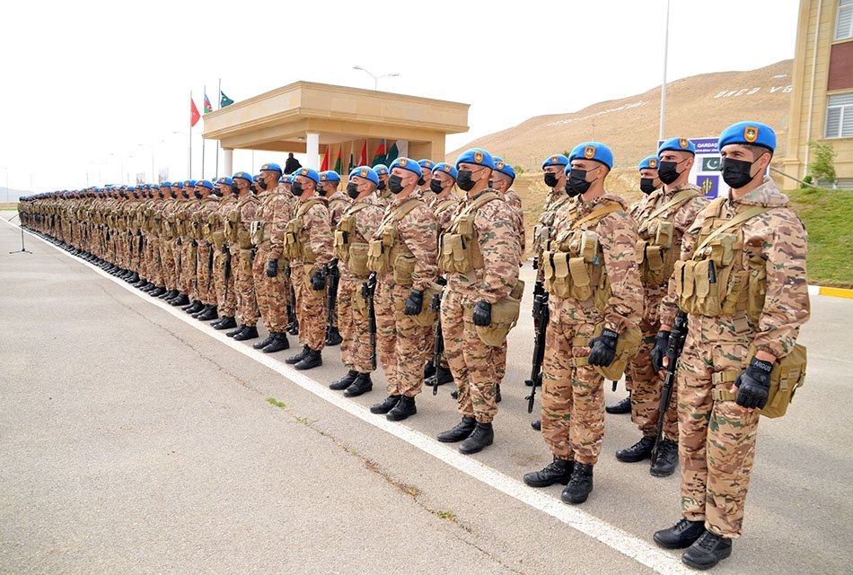 Turkish, Pakistani and Azerbaijani troops attend the opening ceremony of the joint military drill in Baku, Sept. 12, 2021. (Azerbaijani Defense Ministry Handout via AA)