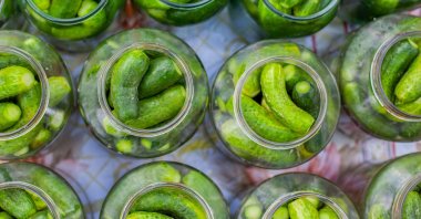 Pickled cucumbers, or gherkins, rest in jars. (Shutterstock Photo)