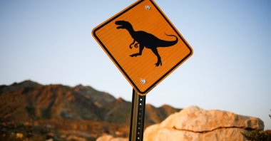 A sign with the image of a dinosaur is seen in the desert at Sunland Park, New Mexico, U.S., Sept. 9, 2021. (Reuters Photo)