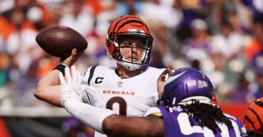 Joe Burrow (9) of the Cincinnati Bengals throws a pass during the second half against the Minnesota Vikings at Paul Brown Stadium, Cincinnati, Ohio, U.S., Sept. 12, 2021. (AFP Photo)