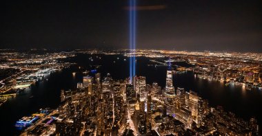 A view of New York City and the "Tribute In Light," marking the 20th anniversary of the 9/11 terrorist attacks at the World Trade Center, in New York City, U.S., Sept. 11, 2021. (Photo by Getty Images)