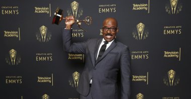 Courtney B. Vance, winner of the Emmy for outstanding guest actor in a drama series for the "Whitey's on the Moon" episode of "Lovecraft Country," poses for a portrait during the third ceremony of the Television Academy's 2021 Creative Arts Emmy Awards at the L.A. LIVE Event Deck on Sunday, Sept. 12, 2021, in Los Angeles. (AP Photo)