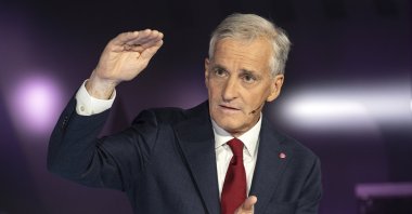 Labor Party leader Jonas Gahr Store speaks during a party leader debate on TV2, in Bergen, Norway, Aug. 31, 2021. (AP Photo)