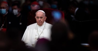 Pope Francis attends a meeting with religious figures at St. Martin cathedral in Bratislava, Slovakia, Sept. 13, 2021. (AFP Photo)