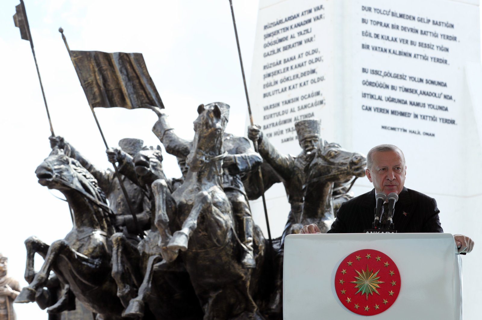 President Recep Tayyip Erdoğan speaks in front of a monument for fallen soldiers of Sakarya, in the capital Ankara, Turkey, Sept. 13, 2021. (AA PHOTO) 