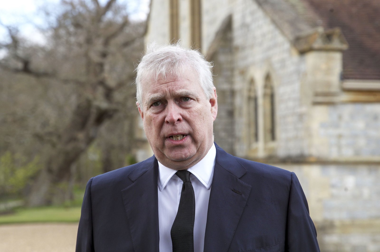 Britain's Prince Andrew speaks during a television interview at the Royal Chapel of All Saints at Royal Lodge, Windsor, England, Sunday, April 11, 2021. (AP File Photo)