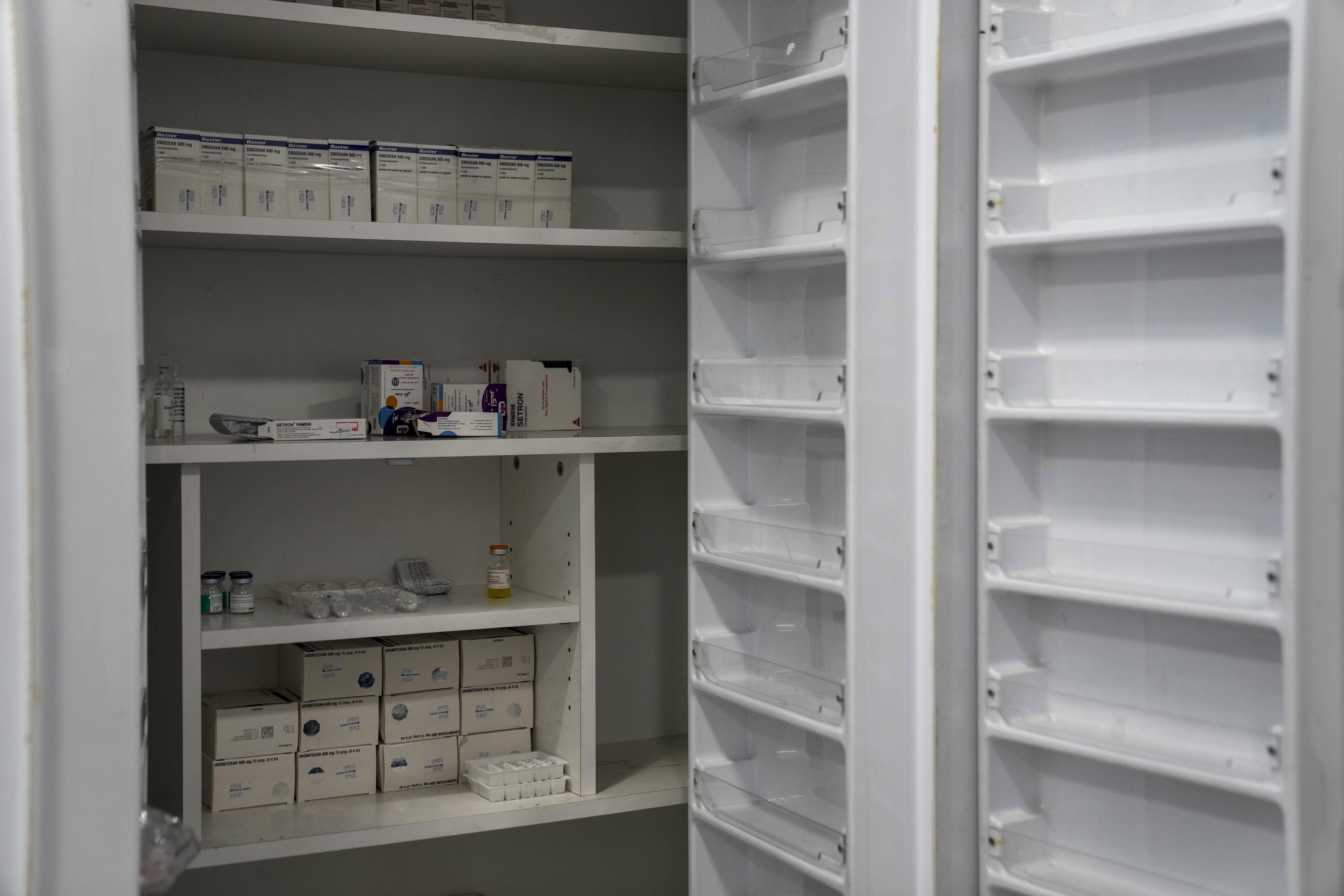 Shelves are mostly empty in the pharmacy for cancer medications inside the government-run Rafik Hariri University Hospital in Beirut, Lebanon, Sept. 8, 2021. (AP Photo)