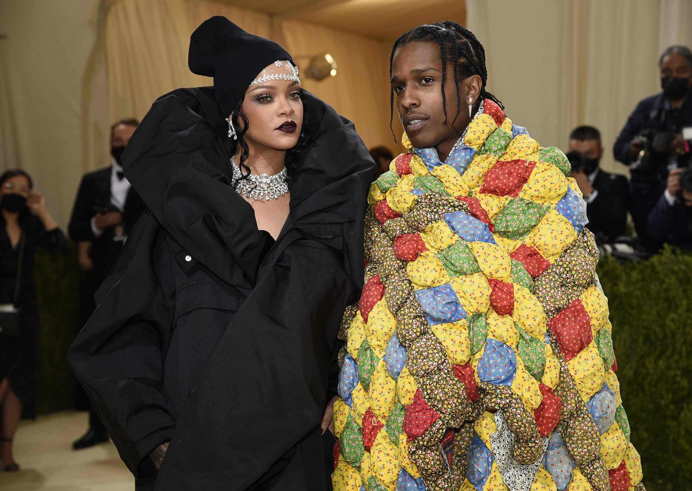 Rihanna (L) and A$AP Rocky arrive for the 2021 Met Gala at the Metropolitan Museum of Art, in New York, U.S., Sept. 13, 2021. (AP Photo)