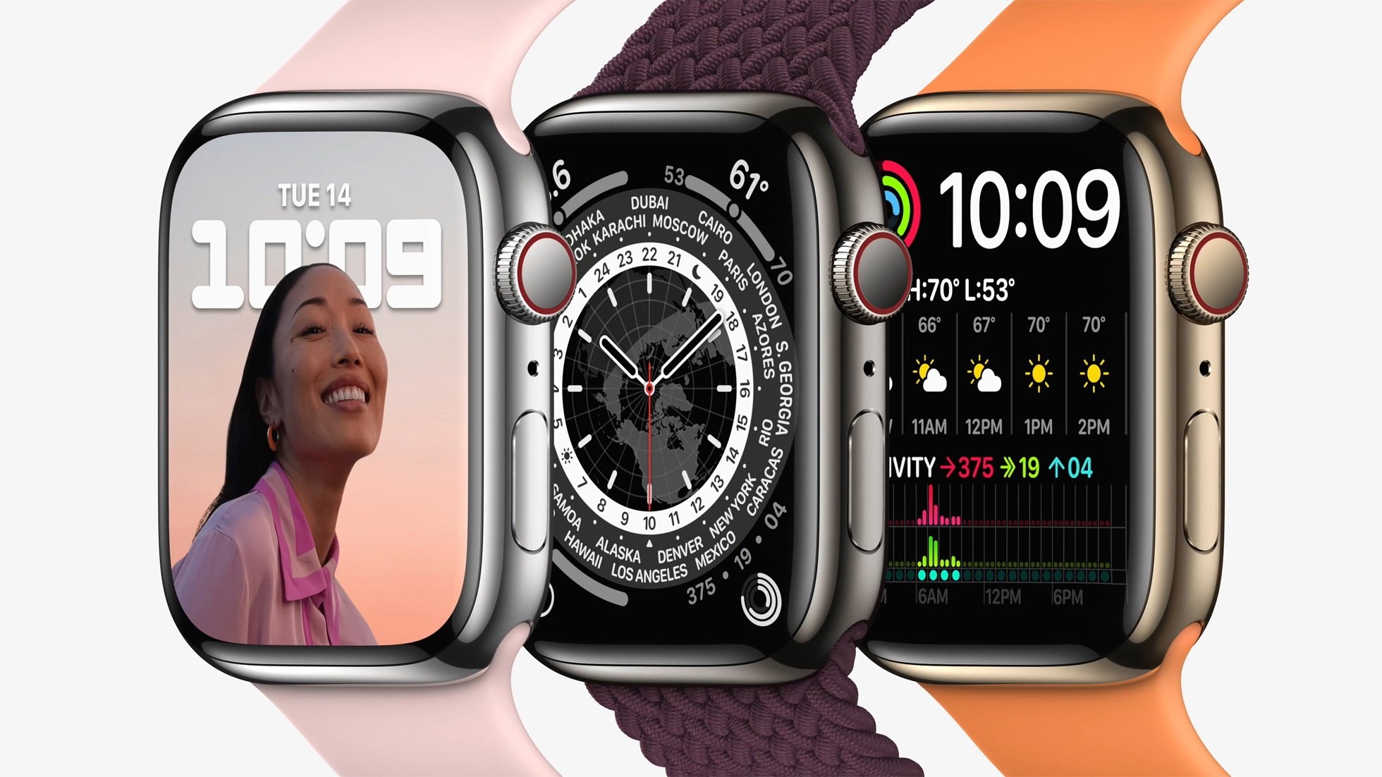 A handout photo made available by Apple Inc. shows the new Apple Watch Series 7, featuring a larger, more advanced display in silver, graphite, and gold stainless steel during the Apple Special Event at Apple Park in Cupertino, California, U.S., Sept. 14, 2021. (EPA / Apple handout)