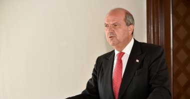 TRNC President Tatar speaks to reporters in a news conference after meeting the U.N. peacekeeping envoy in Lefkoşa, TRNC, Sept. 13, 2021. (AA Photo)