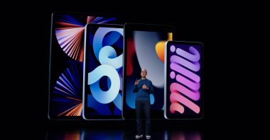 This handout image obtained courtesy of Apple Inc. shows Apple CEO Tim Cook introduces the latest iPad and iPad mini to the iPad lineup during a special event at Apple Park, as seen in this still image from the keynote video,  Sept. 14, 2021. (Photo by Handout / Apple Inc. / AFP)
