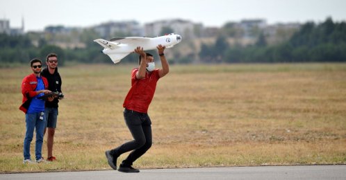 A student prepares to send up an unmanned aerial vehicle during a competition as part of Turkey’s largest aerospace and technology event Teknofest in the northwestern province of Bursa, Turkey, Sept. 7, 2021. (DHA Photo)