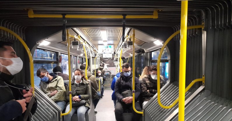 People travel in a largely empty metrobus, in Istanbul, Turkey, Dec. 11, 2020. (PHOTO BY ALİ OKTAY) 