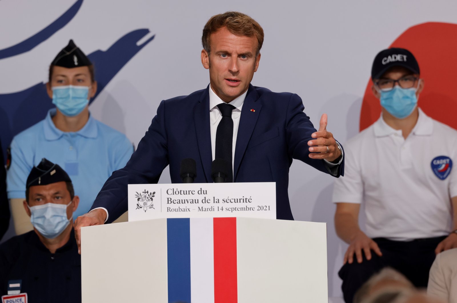 French President Emmanuel Macron delivers a speech during his visit to the police academy in Roubaix, France, Sept. 14, 2021. (Reuters Photo)