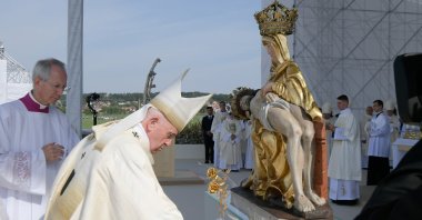 Pope Francis celebrates Holy Mass at the Basilica of Our Lady of Sorrows in Sastin, Slovakia, Sept. 15, 2021. (Vatican Media/Handout via Reuters)