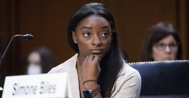 United States Olympic gymnast Simone Biles testifies during a Senate Judiciary hearing about the Inspector General's report on the FBI's handling of the Larry Nassar investigation on Capitol Hill, in Washington, D.C., U.S., Sept. 15, 2021. (Pool via AP)