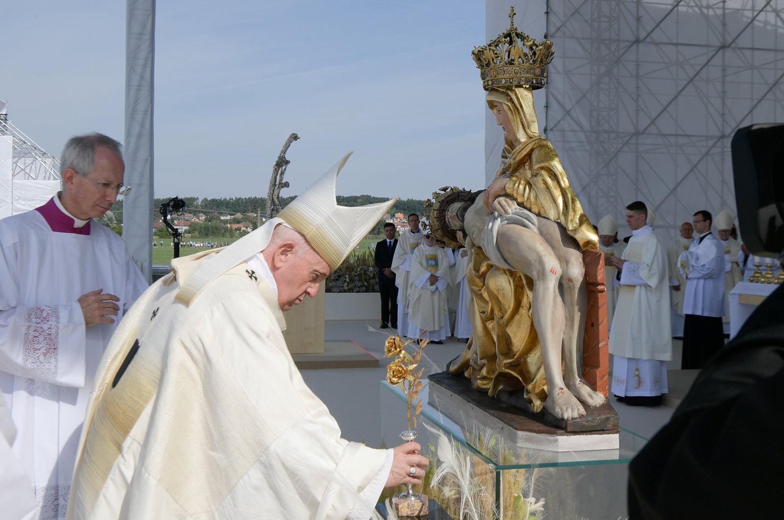 Pope Francis celebrates Holy Mass at the Basilica of Our Lady of Sorrows in Sastin, Slovakia, Sept. 15, 2021. (Vatican Media/Handout via Reuters)
