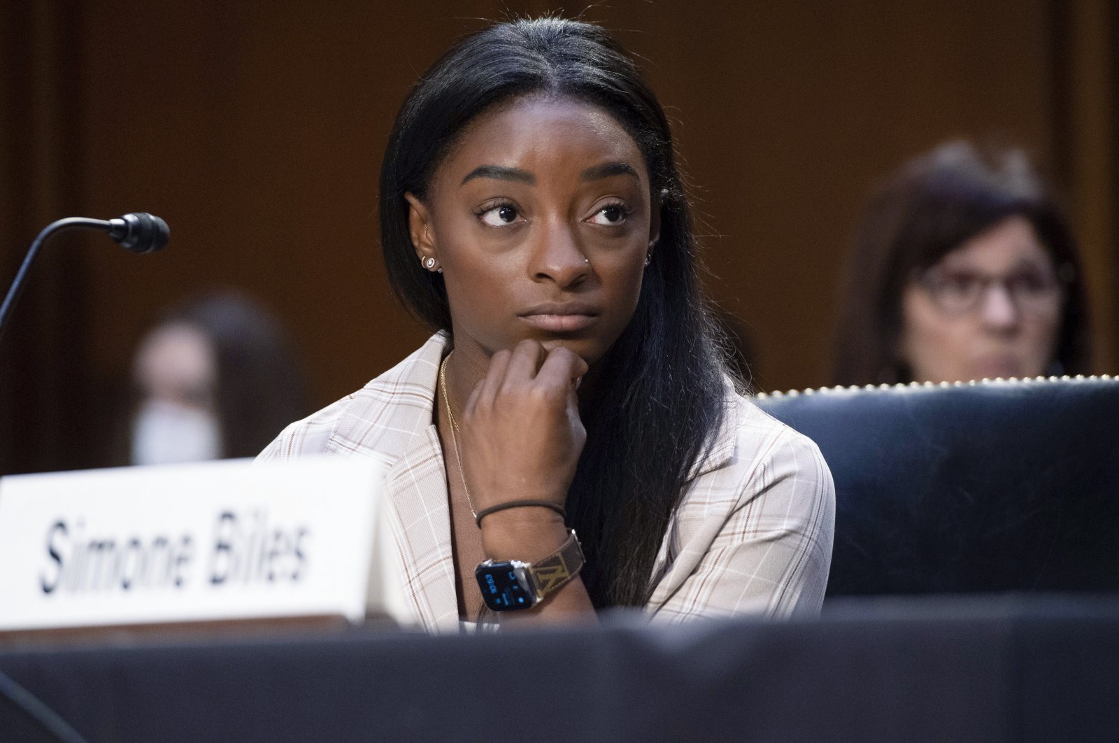 United States Olympic gymnast Simone Biles testifies during a Senate Judiciary hearing about the Inspector General's report on the FBI's handling of the Larry Nassar investigation on Capitol Hill, in Washington, D.C., U.S., Sept. 15, 2021. (Pool via AP)