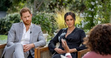 Britain's Prince Harry and Meghan, Duchess of Sussex, are interviewed by Oprah Winfrey in this undated handout photo. (Harpo Productions/Joe Pugliese/Handout via Reuters)
