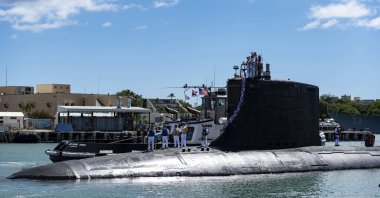 The Virginia-class fast-attack submarine USS Illinois (SSN 786) returns from a deployment in the 7th Fleet area of responsibility to Joint Base Pearl Harbor-Hickam, Hawaii, U.S., on Sept. 13, 2021. (AP Photo)