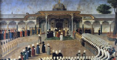 Selim III receives dignitaries during an audience at the Gate of Felicity, Topkapı Palace in the Painting by Konstantin Kapıdağlı, 1789. (Wikimedia Photo)